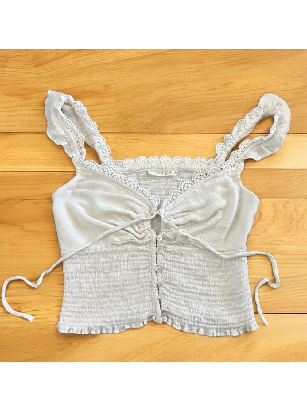ILLA ILLA * Creamy White Lace-Trim Cropped Tie-Front Tank Romantic Girly Y2K Med